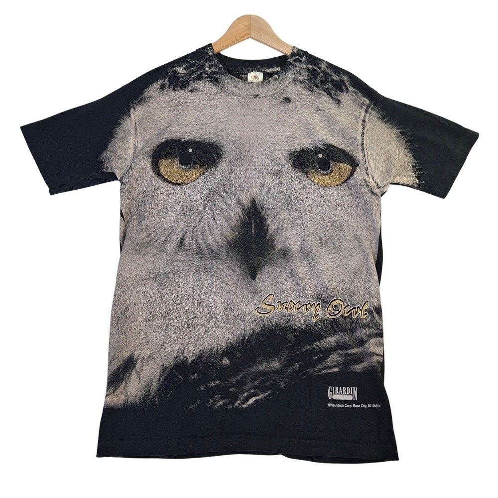 Vintage 90s Snowy Owl T-Shirt Large Girardin Fruit of the Loom Black Made USA